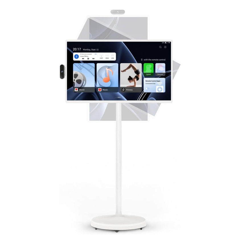 2025 32-Inch Portable TV, 1080P FHD Rolling TV on Wheels with Rotatable Touch Screen, Android 13 OS, 8G RAM+128G Storage, Built-in Battery, Full Swivel Rotation, Voice Remote
