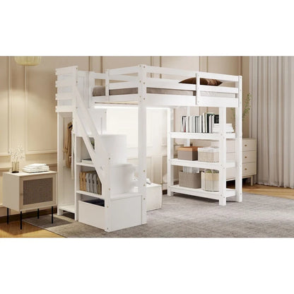 Full/Twin Loft Bed with Storage Stairs - Shelves, Wardrobe & LED Light, Space-Saving Design