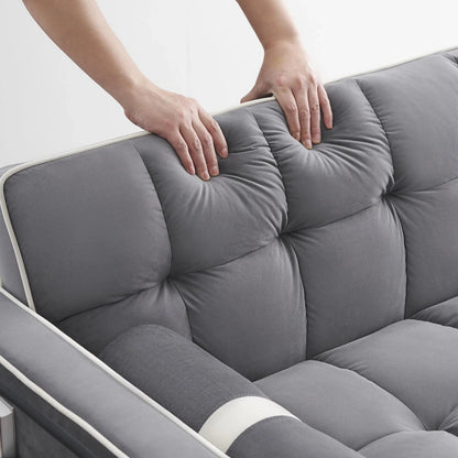 3 in 1 Sleeper Sofa Couch Bed,Small Tufted Velvet Convertible Loveseat Futon Sofa w/Pullout Bed,Adjustable Backrest,Cylinder Pillows,Multi-Pockets,Phone Holder for Living Room Apartment,Grey,55.5"
