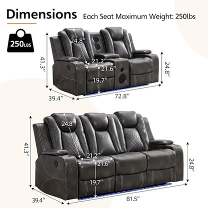 Power Reclining Sofa with Wireless Charger,Reading Light for Living Room,Faux Leather LED Light,AC/USB Port,Cup Holder,Black