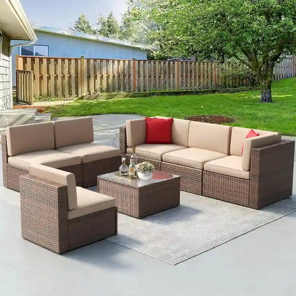 7 Pieces Outdoor Patio Furniture Sets Wicker Sectional Sofa PE Rattan Conversation Sets with Cushions