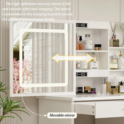 White Makeup Vanity Set with LED Mirror and Stool - 39.4" Wide