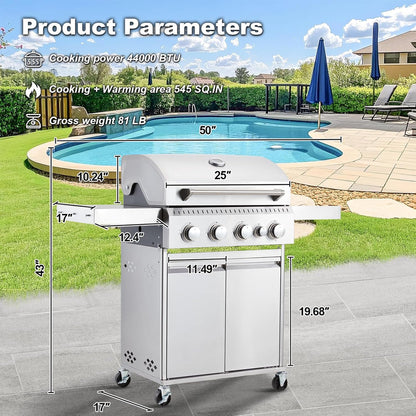 Upgraded 4 Burner BBQ Propane Gas Grill with Cast Iron Grates & Side Stove, 44,000 BTU Stainless Steel Burner Barbecue Grill for Patio, Camping, Outdoor Cooking MELLCOM