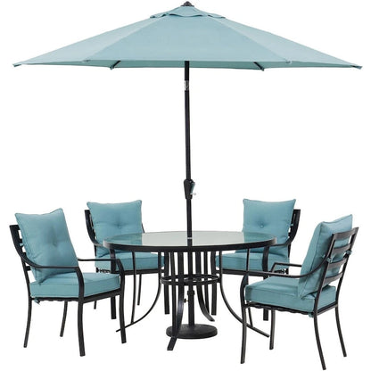 Hanover Lavallette 5-Piece Dining Set in Ocean Blue with 4 Stationary Chairs, 52-In. Round Glass-Top Table, Umbrella, and Base