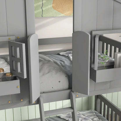 Twin over Twin House Bunk Bed with Roof , Window, Window Box, Door , with Safety Guardrails and Ladder, Grey