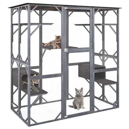 71" Tall Large Cat House Outdoor Catio Kitty Enclosure, Walk-in Cat Kennel Condo, Wooden Cat Cage Playpen with 7 Platforms