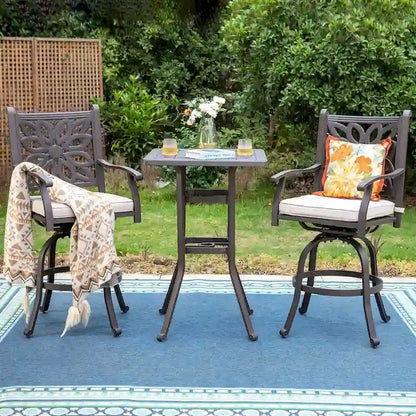 MAISON ARTS 3-Piece Cast Aluminum Patio Bar Stool Set of 1 Bar Table & 2 Swivel High Bar Stools